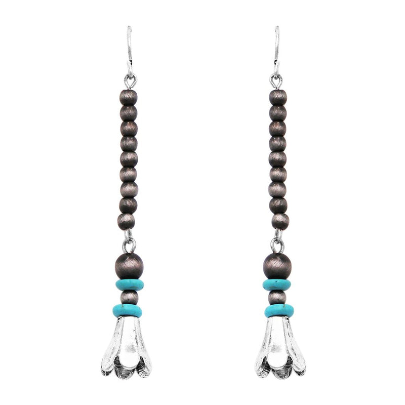 Cowgirl Chic Western Style Turquoise Stone Metallic Pearl Squash Blossom Dangle Earrings, 2.75"