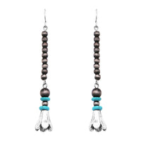 Cowgirl Chic Western Style Turquoise Stone Metallic Pearl Squash Blossom Dangle Earrings, 2.75"