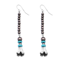 Cowgirl Chic Western Style Turquoise Stone Metallic Pearl Squash Blossom Dangle Earrings, 2.75"