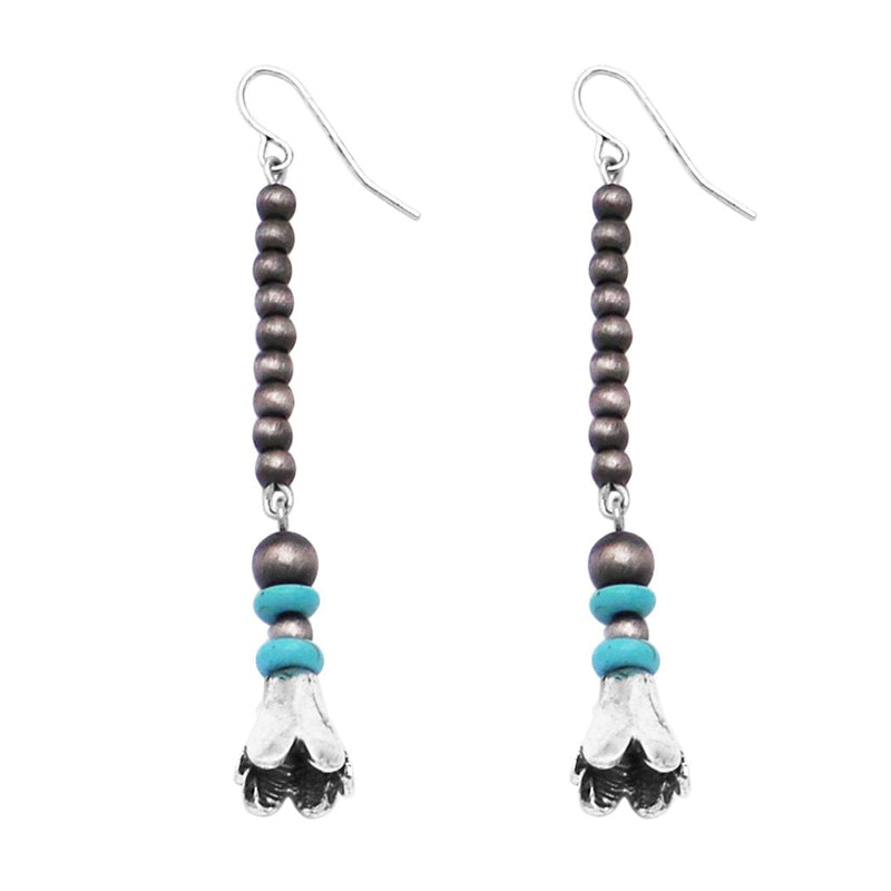 Cowgirl Chic Western Style Turquoise Stone Metallic Pearl Squash Blossom Dangle Earrings, 2.75"