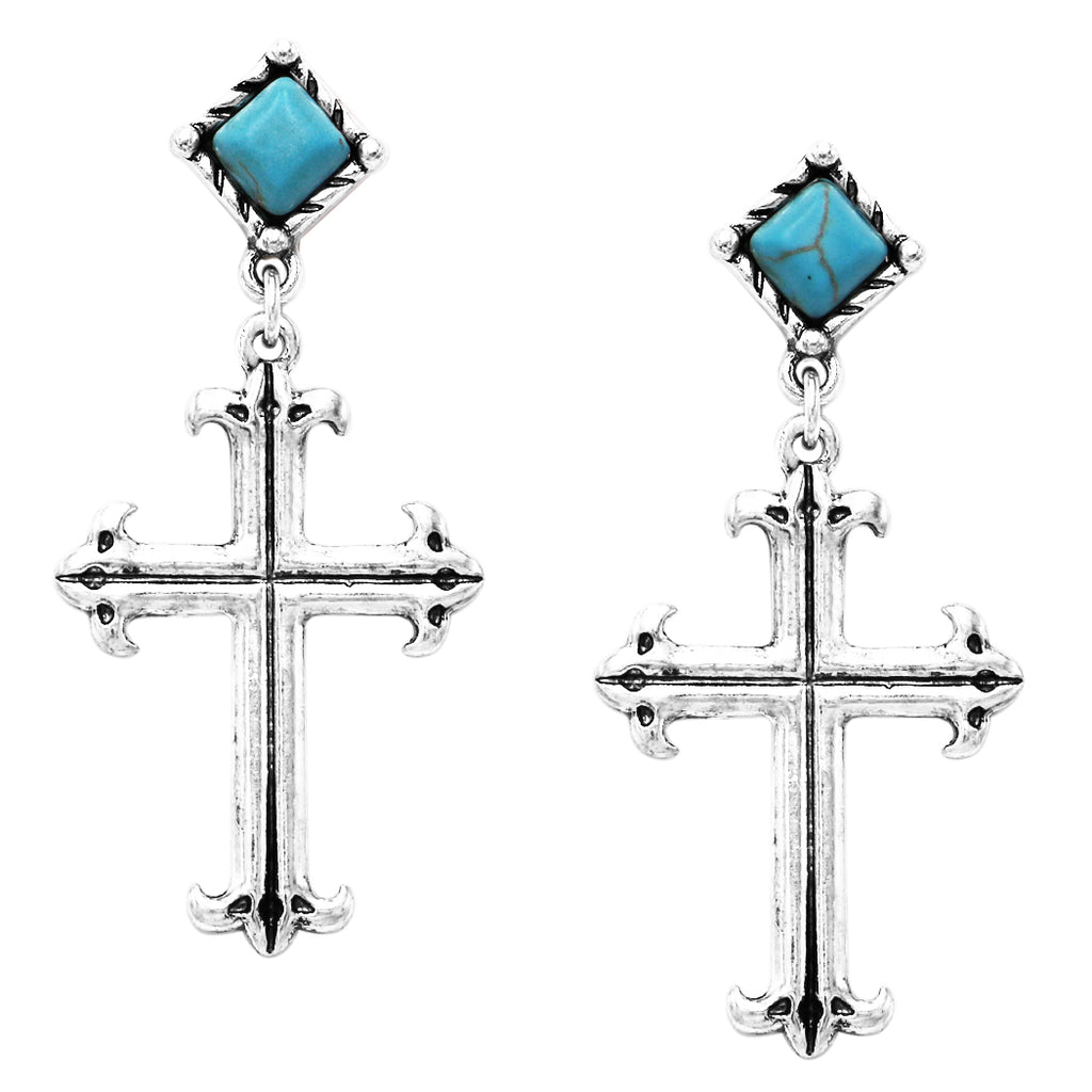 Cowgirl Chic Western Style Squared Natural Semi Precious Howlite Dangle Earrings, 2" (Cross Turquoise Howlite Stone Silver Tone)