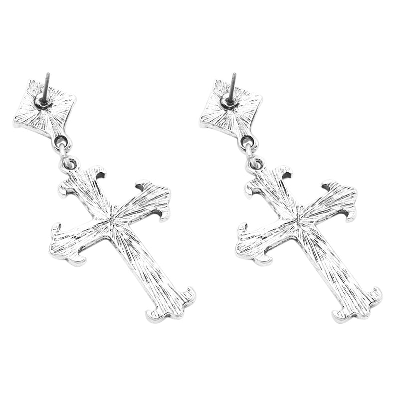 Cowgirl Chic Western Style Squared Natural Semi Precious Howlite Dangle Earrings, 2" (Cross Turquoise Howlite Stone Silver Tone)