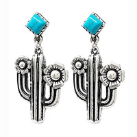 Chic Western Style Semi Precious Turquoise Howlite Stone Textured Metal Cactus Dangle Earrings, 2"
