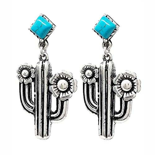 Chic Western Style Semi Precious Turquoise Howlite Stone Textured Metal Cactus Dangle Earrings, 2"