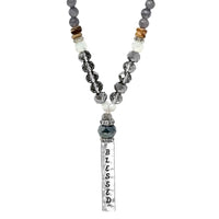 Rosemarie's Religious Gifts Women's Natural Stone Wood And Faceted Glass Bead With Blessed Bar Pendant Necklace, 32"+3" Extender