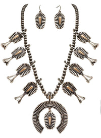 Cowgirl Chic Western Two Tone Metal Squash Blossom On Metallic Pearl Necklace Earrings Set, 24"+3" Extender