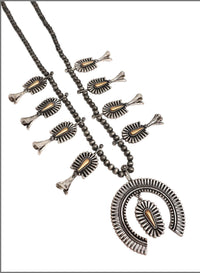 Cowgirl Chic Western Two Tone Metal Squash Blossom On Metallic Pearl Necklace Earrings Set, 24"+3" Extender