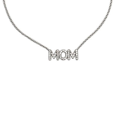 Dainty Sterling Silver Cable Chain With Cubic Zirconia Pave Crystal Mom Pendant Gift Necklace, 16"+1.25" Extender