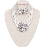 Unique Circular Design Crystal Rhinestone And Simulated Three Strand Pearl Necklace Earrings Bridal Jewelry Set , 14"+3" Extender (White Pearl Silver Tone)