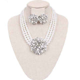 Unique Circular Design Crystal Rhinestone And Simulated Three Strand Pearl Necklace Earrings Bridal Jewelry Set , 14