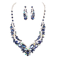 Stunning Crystal Rhinestone Statement Necklace Drop Earrings Bridal Set, 18"+3" Extender (Navy Blue Crystal Silver Tone Setting)