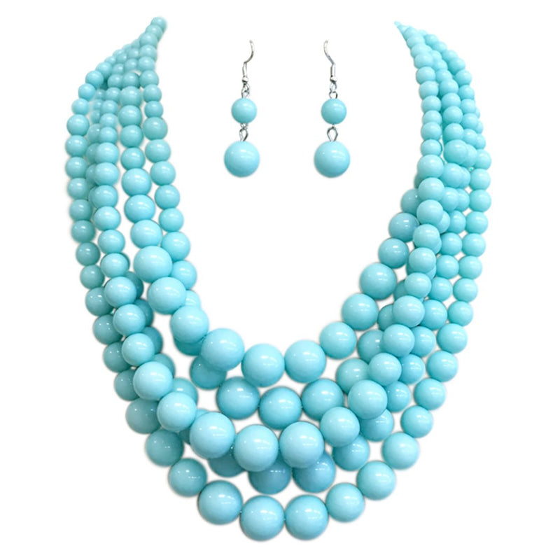Multi Strand Simulated Pearl Bib Necklace and Earrings Jewelry Set, 16"-19" with 3" Extender (Light Aqua Blue)