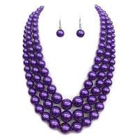 Multi Strand Simulated Pearl Necklace and Earrings Jewelry Set, 18"+3" Extender (Metallic Dark Purple Silver Tone)