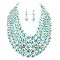 Multi Strand Simulated Pearl Bib Necklace and Earrings Jewelry Set, 16"-19" with 3" Extender (Polished Aqua Blue Silver Tone)