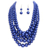 Multi Strand Simulated Pearl Bib Necklace and Earrings Jewelry Set, 16"-19" with 3" Extender (Metallic Royal Blue Silver Tone)