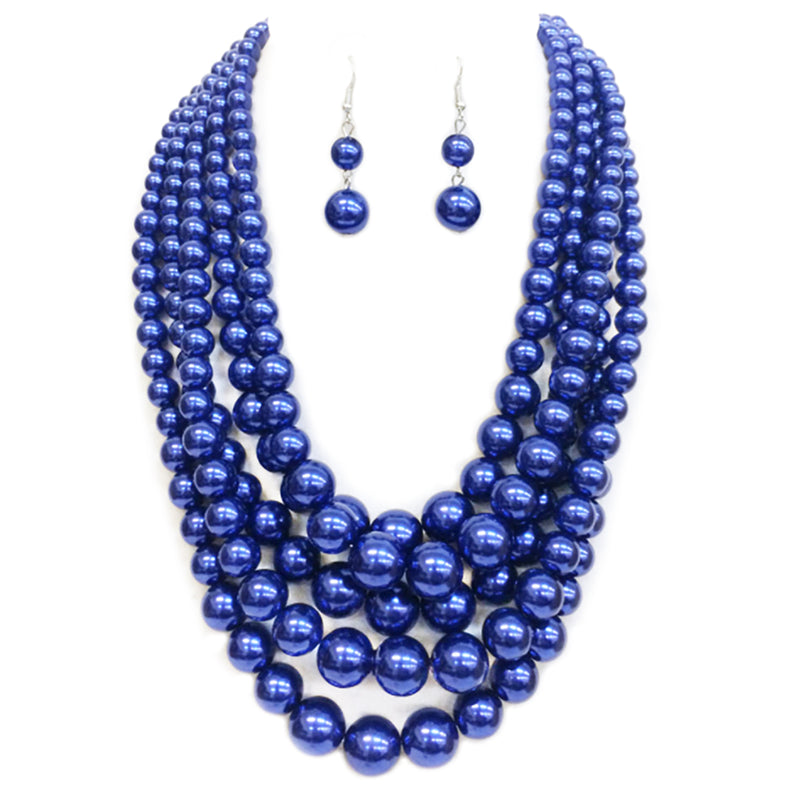 Multi Strand Simulated Pearl Bib Necklace and Earrings Jewelry Set, 16"-19" with 3" Extender (Metallic Royal Blue Silver Tone)