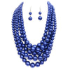 Multi Strand Simulated Pearl Bib Necklace and Earrings Jewelry Set, 16"-19" with 3" Extender (Metallic Royal Blue Silver Tone)