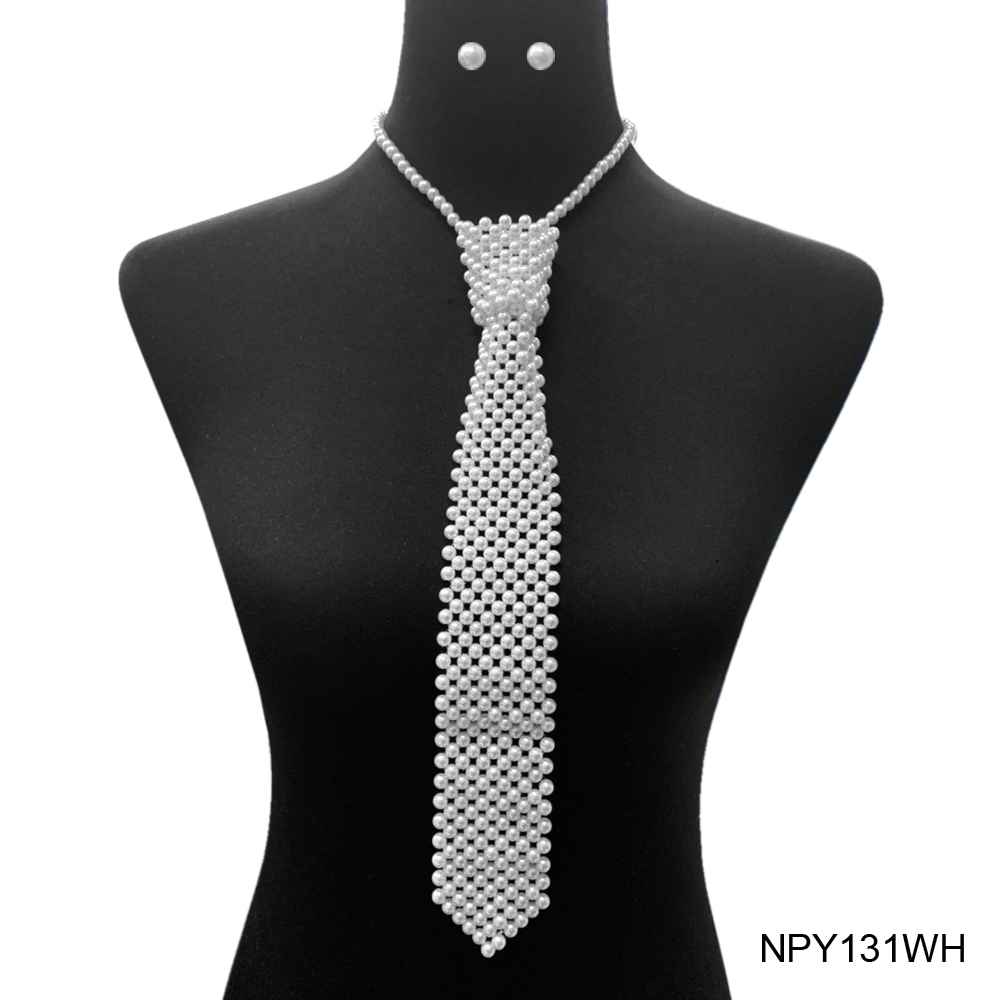 Stunning 6mm Simulated Pearl Necktie Necklace And Stud Earrings
