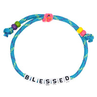 Inspirational Blessed Alphabet Bead Colorful Sliding Knot Bracelet (Anklet BLESSED With Bead Ends Blue Single Strand)