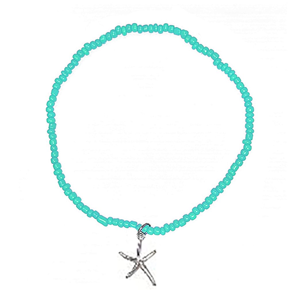 Colorful Seed Bead Ankle Bracelet With Charm Stretch Anklet (Aqua Bead Starfish Charm)