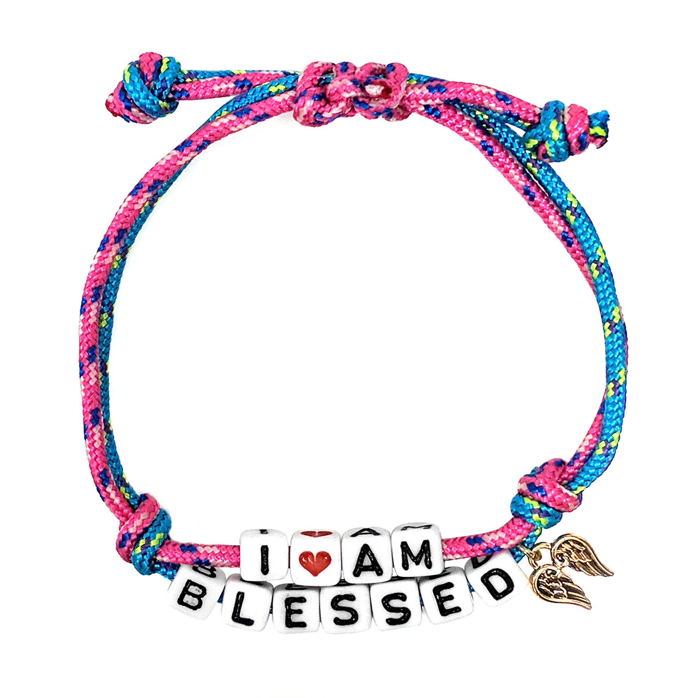Inspirational Blessed Alphabet Bead Colorful Sliding Knot Bracelet (I AM BLESSED With Angle Wing Charm Multicolor Two Strand)