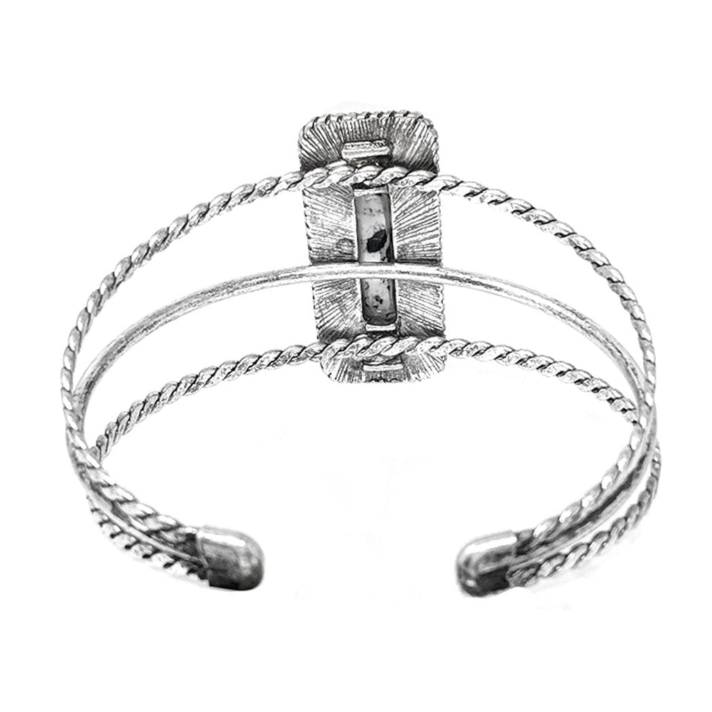 Western Style Semi Precious Howlite Stone Open Cuff Bracelet (Rectangular White With Black Howlite Stone)