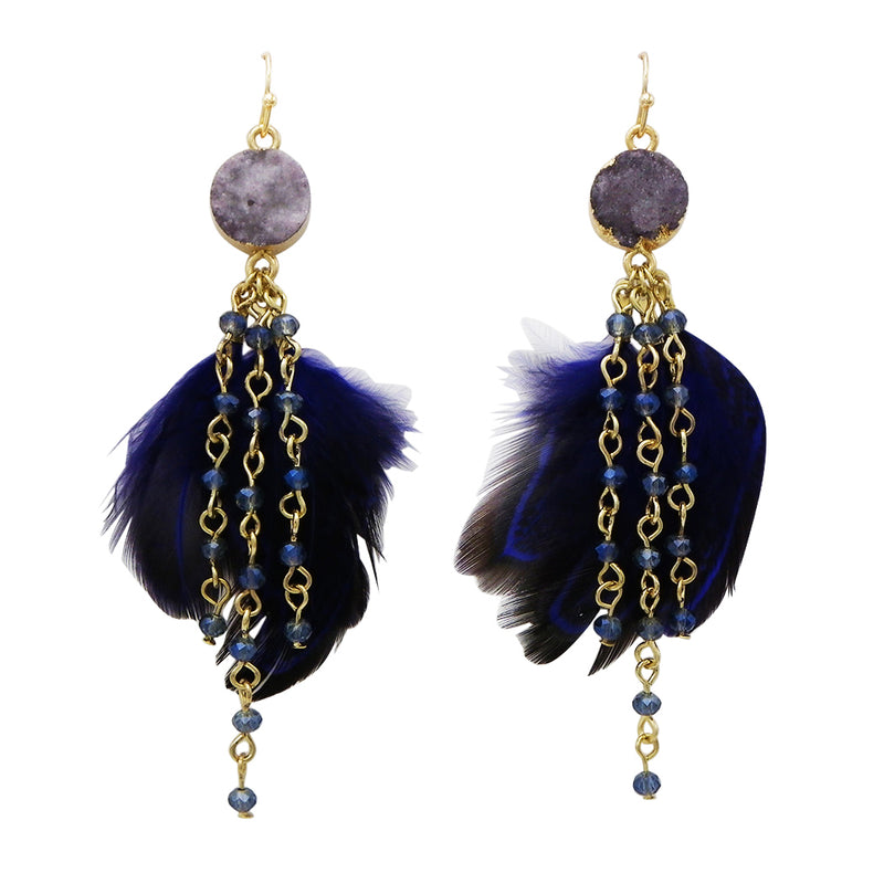Navy Blue Natural Druzy Stone Feather Fringe Earrings