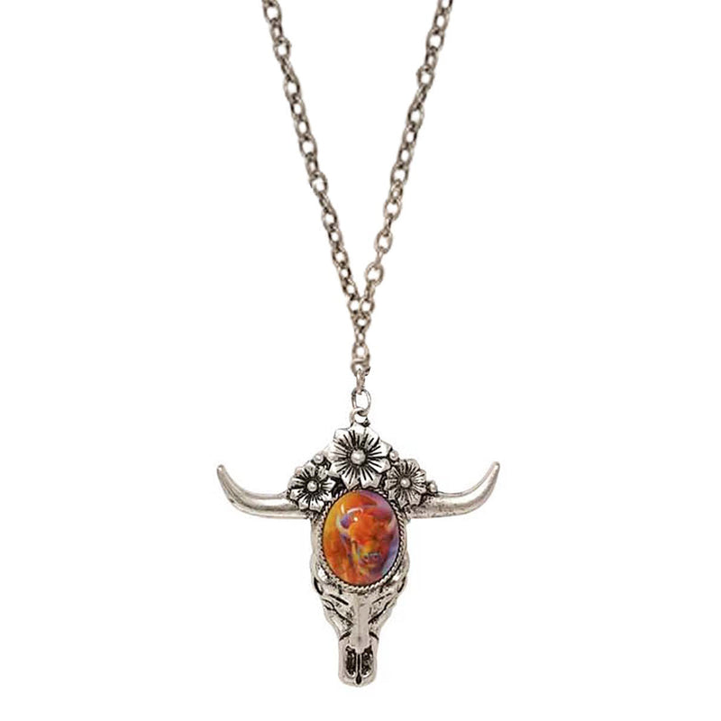 Vintage Inspired Western Steer Head Glass Bubble Cabochon Pendant Necklace, 30"+ 3" Extender