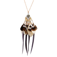 Rose Gold and Grey Beaded Feather Fringe Long Statement Necklace