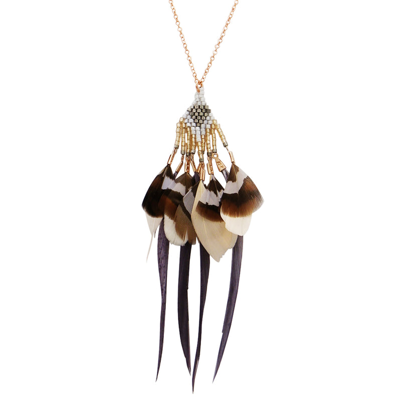 Rose Gold and Grey Beaded Feather Fringe Long Statement Necklace
