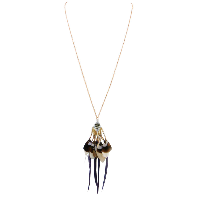Rose Gold and Grey Beaded Feather Fringe Long Statement Necklace