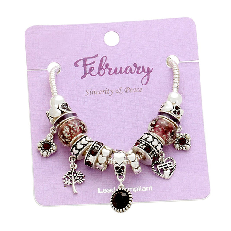 Birth Month Birthstone Glass Bead and Charm February Amethyst Color Bracelet