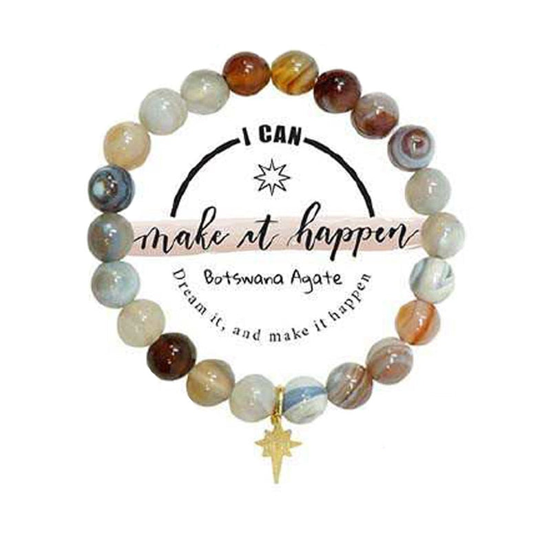 Holistic Healing Natural Semi Precious Beaded Stone Stretch Bracelet with 18 Karat Gold Plated Charm (Botswana Agate with Star Charm)