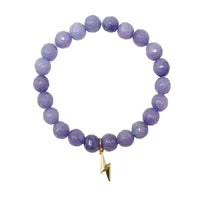 Holistic Healing Natural Semi Precious Beaded Stone Stretch Bracelet with 18 Karat Gold Plated Charm (Lavender Amethyst with Lightning Bolt Charm)