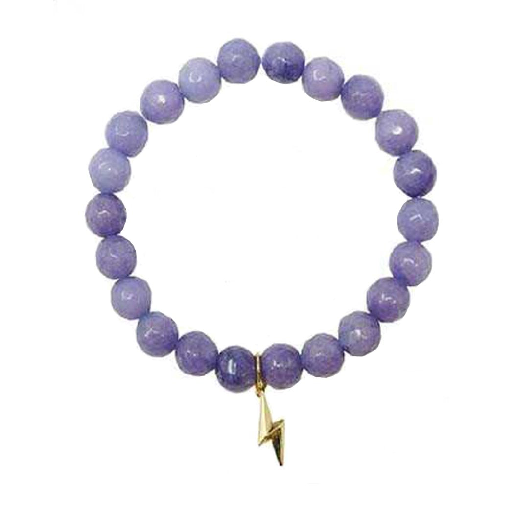 Holistic Healing Natural Semi Precious Beaded Stone Stretch Bracelet with 18 Karat Gold Plated Charm (Lavender Amethyst with Lightning Bolt Charm)