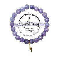 Holistic Healing Natural Semi Precious Beaded Stone Stretch Bracelet with 18 Karat Gold Plated Charm (Lavender Amethyst with Lightning Bolt Charm)