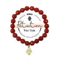 Holistic Healing Natural Semi Precious Beaded Stone Stretch Bracelet with 18 Karat Gold Plated Charm (Red Jade with Hamsa Charm)