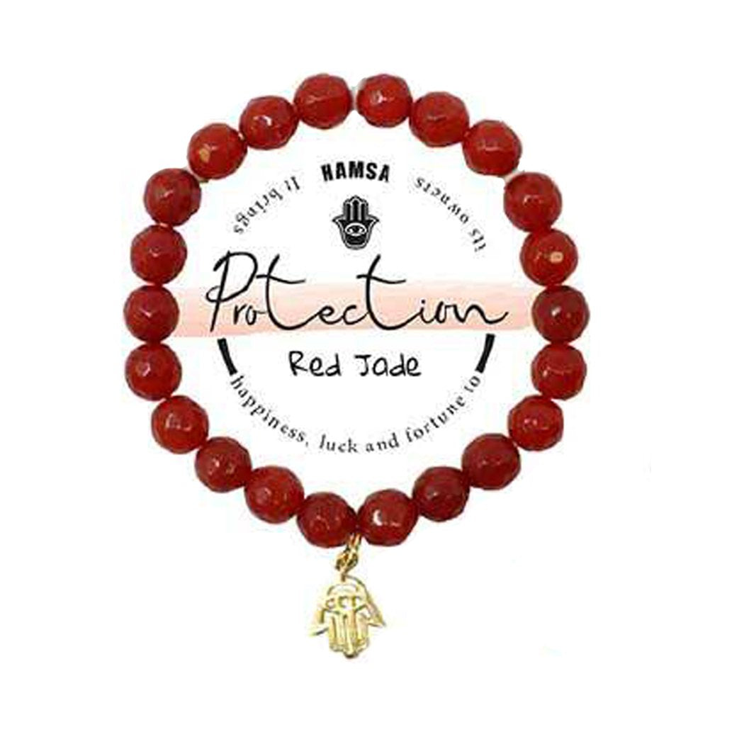Holistic Healing Natural Semi Precious Beaded Stone Stretch Bracelet with 18 Karat Gold Plated Charm (Red Jade with Hamsa Charm)