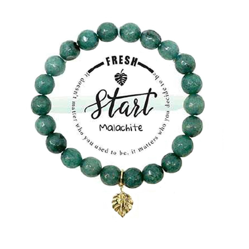 Holistic Healing Natural Semi Precious Beaded Stone Stretch Bracelet with 18 Karat Gold Plated Charm (Malachite with Leaf Charm)