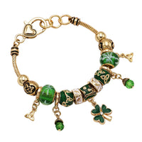 St. Patrick's Day Irish Shamrock Claddagh Glass Bead Charm Bracelet, 7-8" with 1" Extender