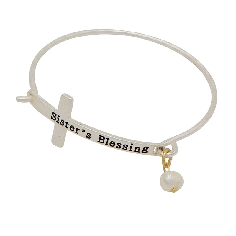 Religious Sideways Cross Charm Bangle Statement Sister's Blessing Bracelet