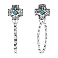 Western Style Turquoise Howlite Decorative Cross Hoop Dangle Earrings, 2.25"