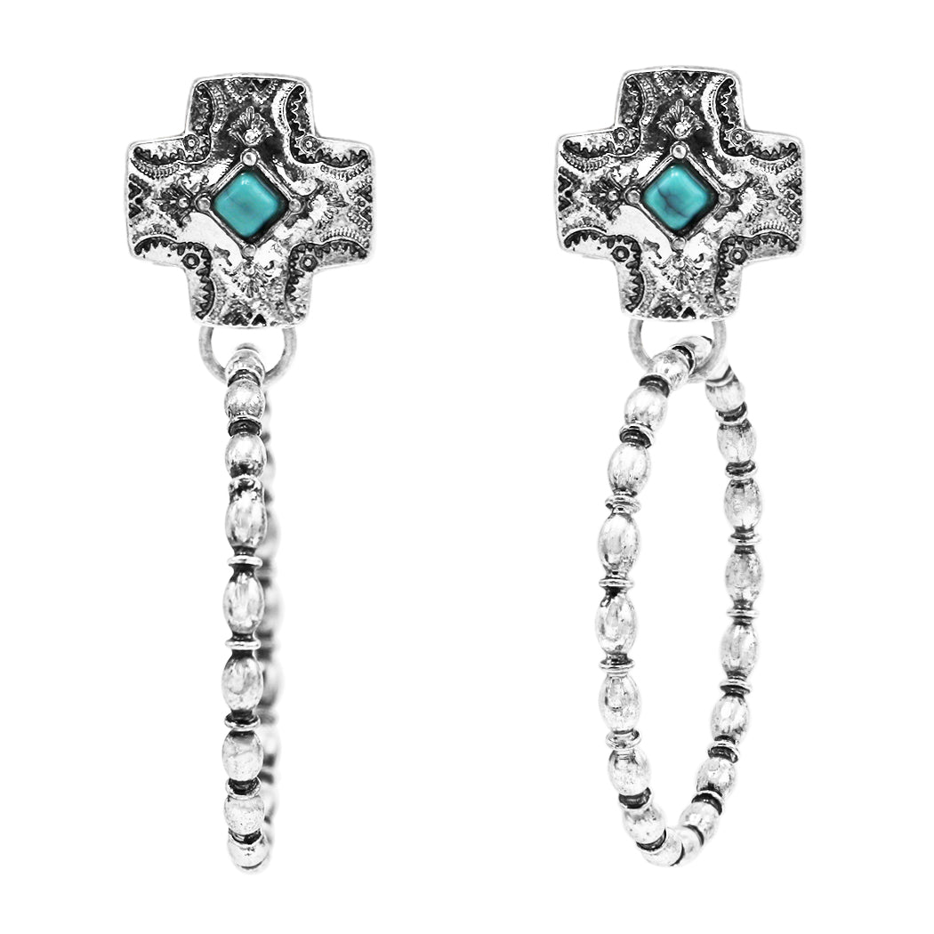 Western Style Turquoise Howlite Decorative Cross Hoop Dangle Earrings, 2.25"