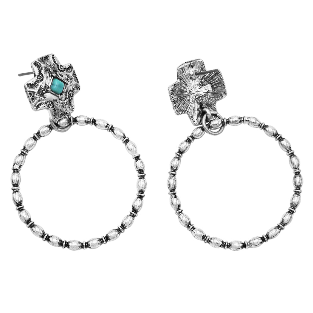 Western Style Turquoise Howlite Decorative Cross Hoop Dangle Earrings, 2.25"
