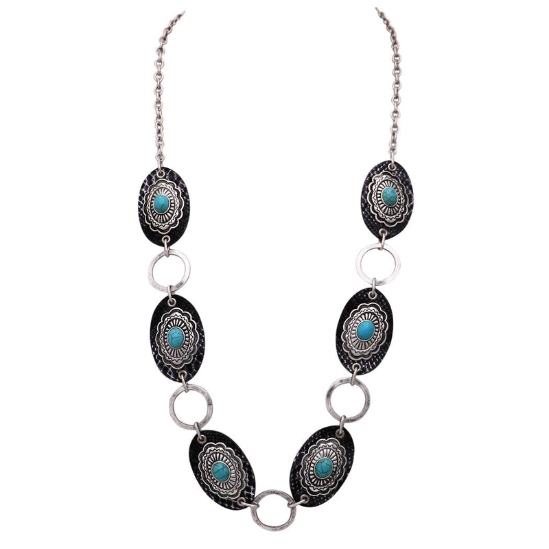 Southwest Style Turquoise Animal Snake Print Concho Statement Necklace 30"- 33" with 3" Extender