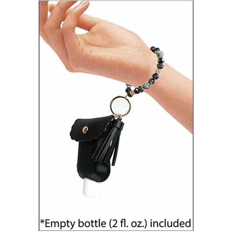 Stunning Vegan Leather Refillable Mini Hand Sanitizer Bottle Keychain Ring Clip Holder and Semi Precious Stretch Bracelet Gift Set (Black)