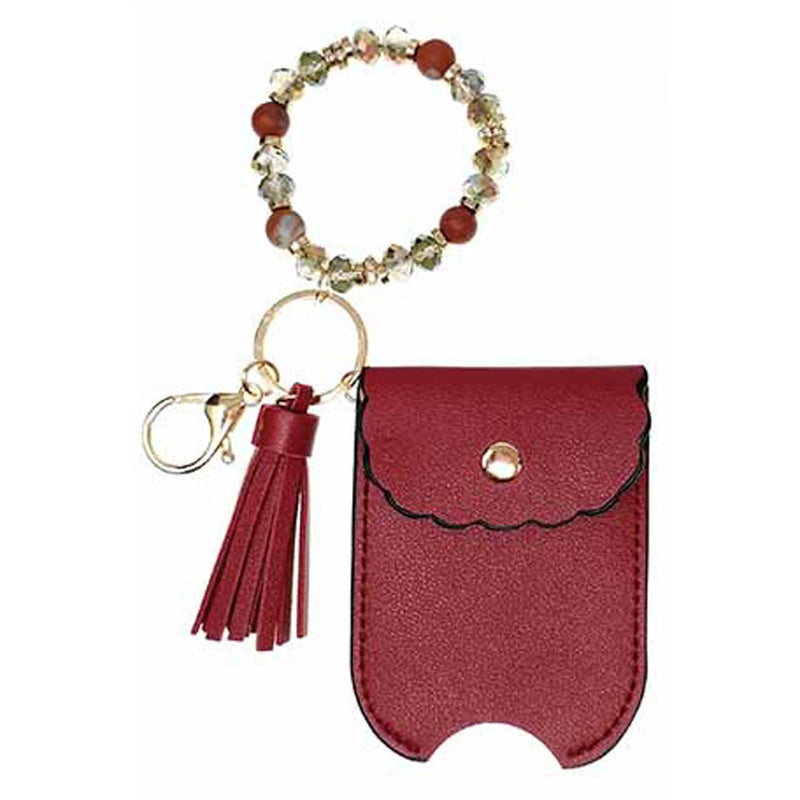 Stunning Vegan Leather Refillable Mini Hand Sanitizer Bottle Keychain Ring Clip Holder and Semi Precious Stretch Bracelet Gift Set (Burgundy)