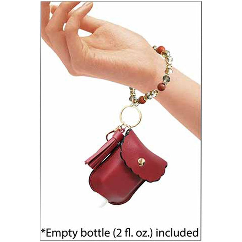 Stunning Vegan Leather Refillable Mini Hand Sanitizer Bottle Keychain Ring Clip Holder and Semi Precious Stretch Bracelet Gift Set (Burgundy)