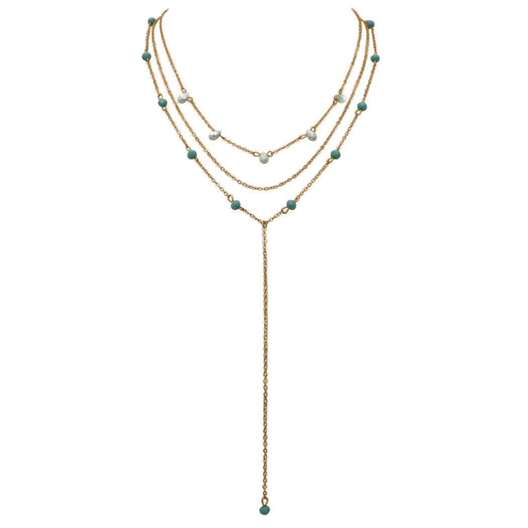 Adjustable Statement Long Multi Strand Y Necklace with Turquoise Tone Glass Beads