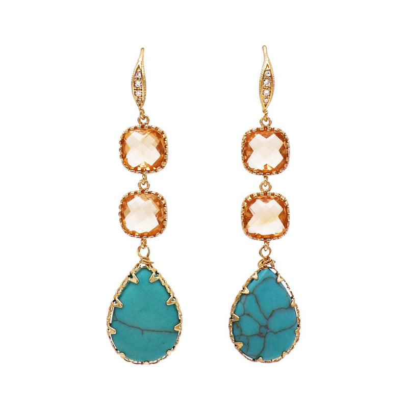 Semi Precious Stone Teardrop Triple Dangle Earrings (Turquise)